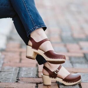 MIA Brown Leather Clog Heels with Natural Wood Platform